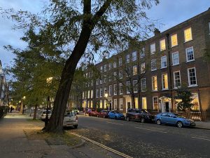 A serene evening scene of a street lined with parked cars and trees, creating a peaceful ambience.